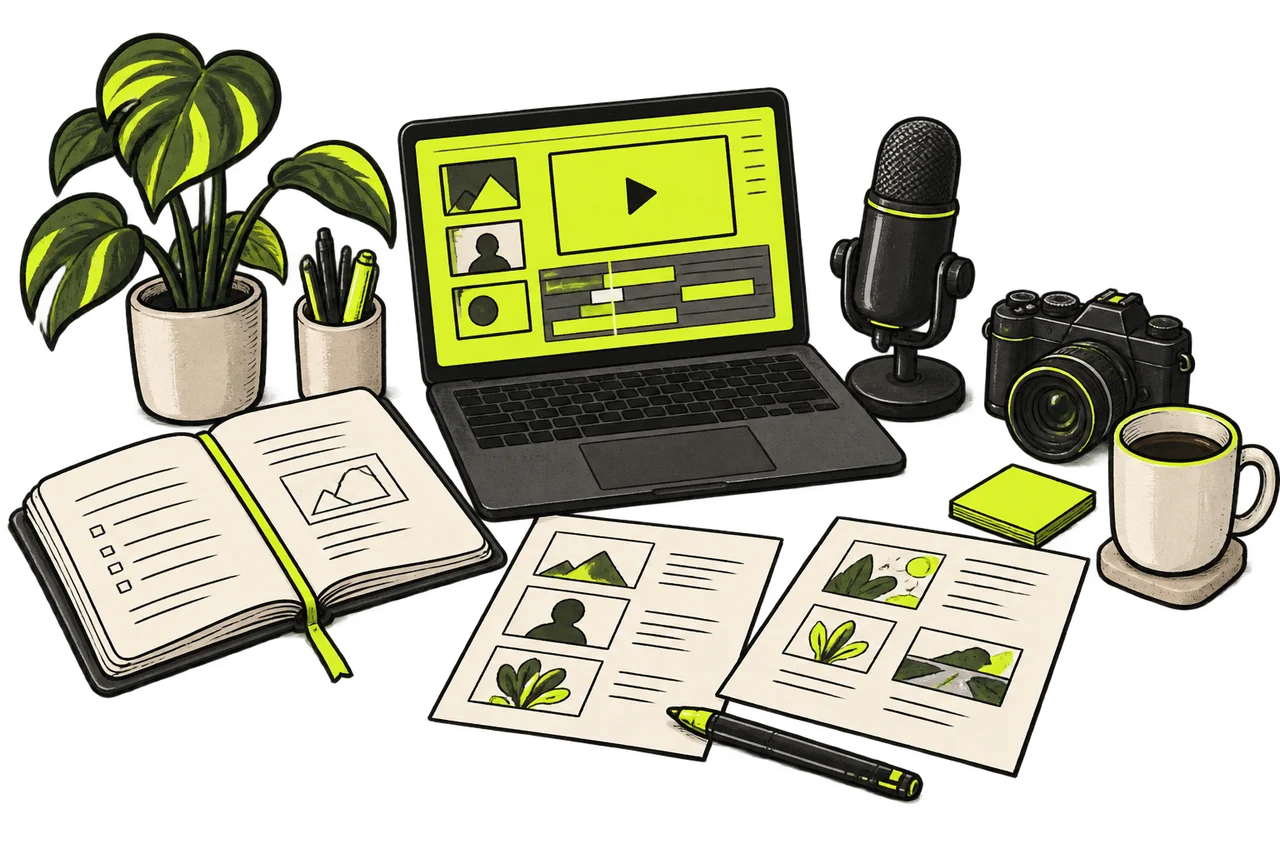 Hand-drawn content workspace with laptop, microphone, camera and storyboard notes