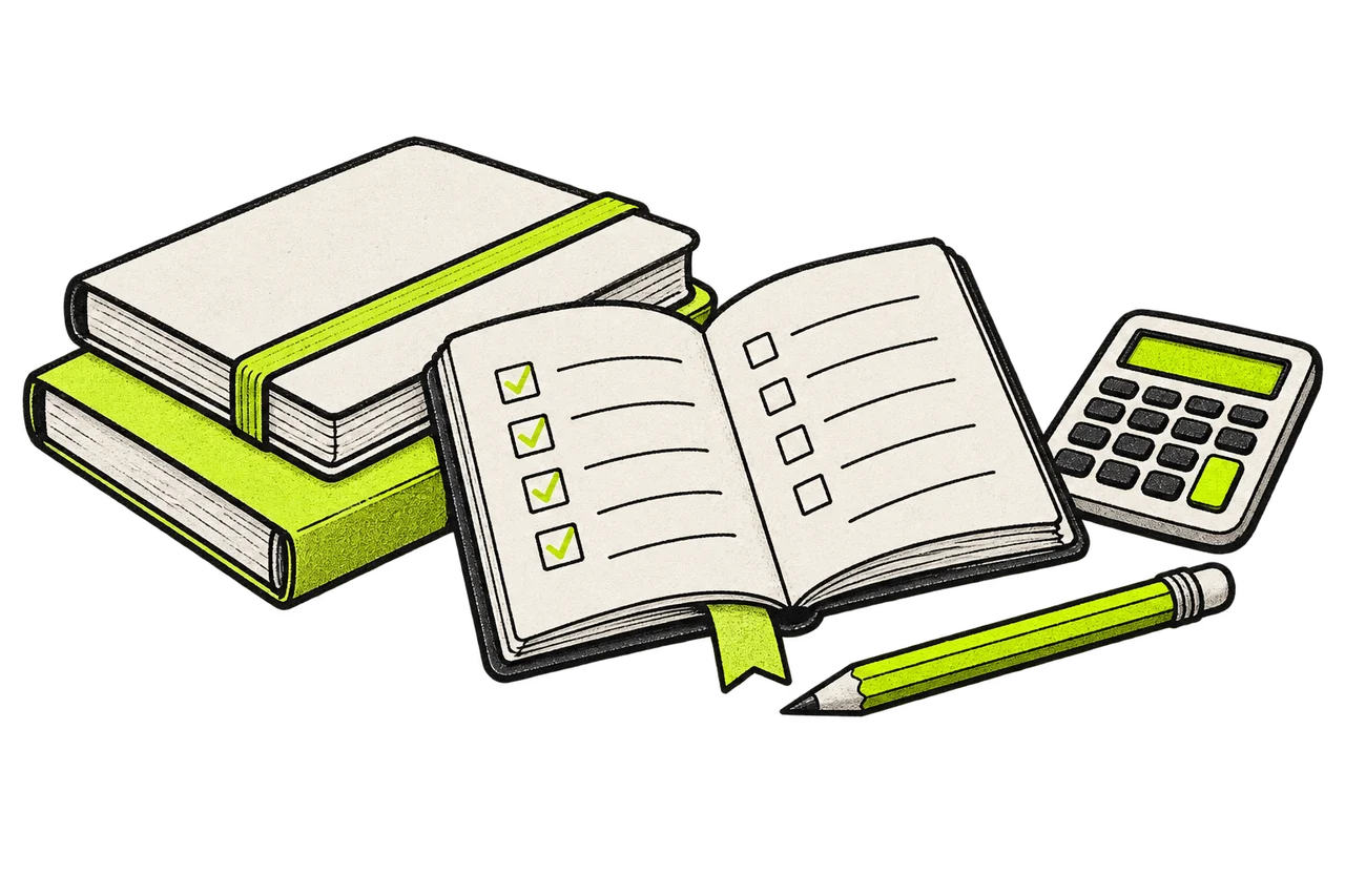 Illustrated workbooks, checklist and calculator